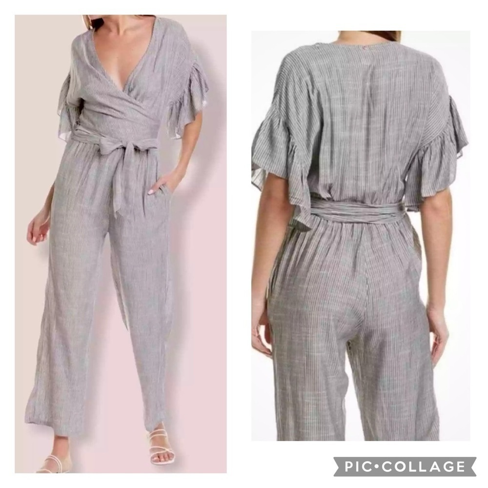 RED CARTER Women’s Black White Stipe Wrap Top Wide Leg Romper Size Large